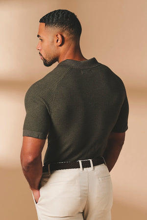 Textured Knitted Open Collar Polo Shirt in Dark Olive - TAILORED ATHLETE - USA