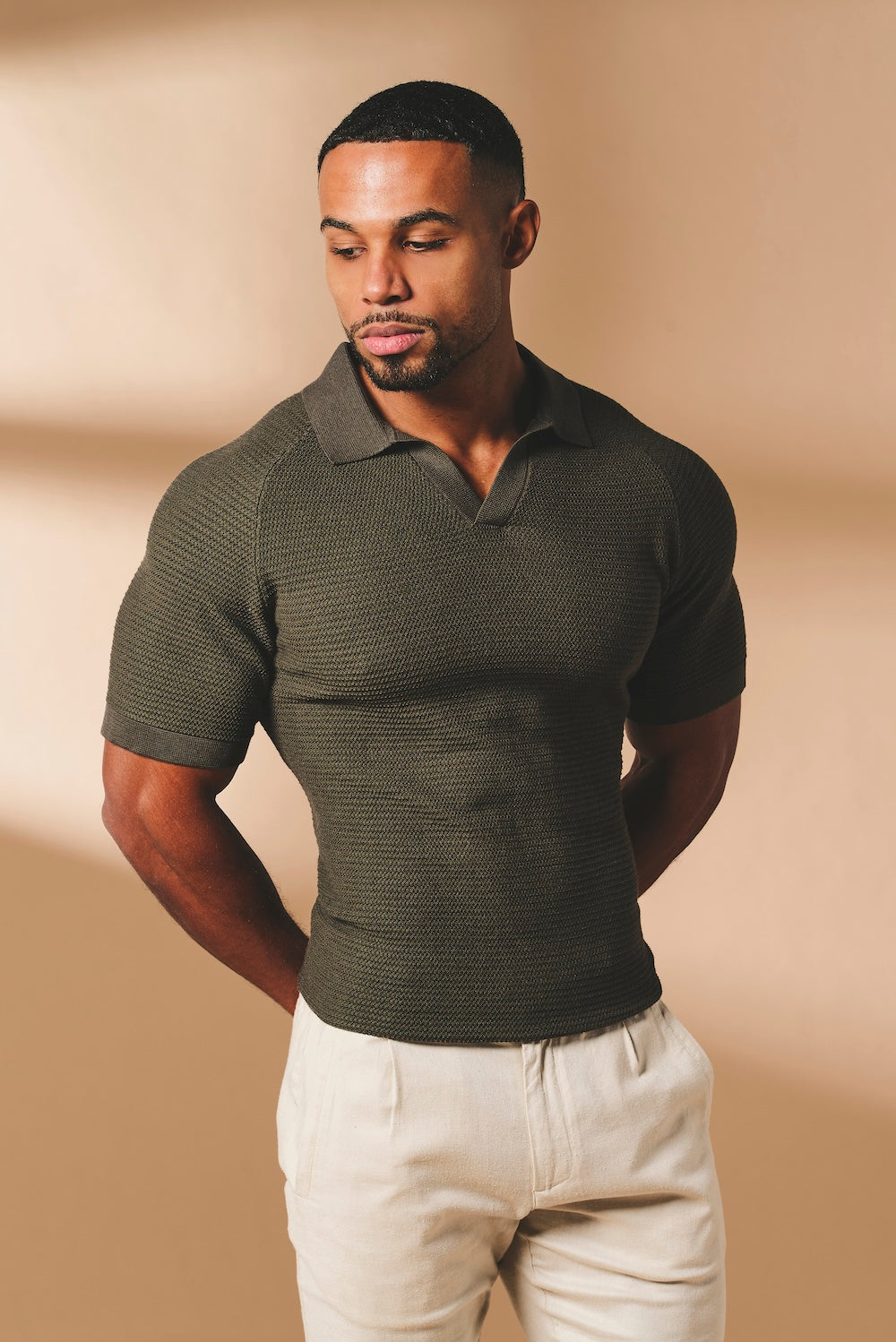 Textured Knitted Open Collar Polo Shirt in Dark Olive - TAILORED ATHLETE - USA