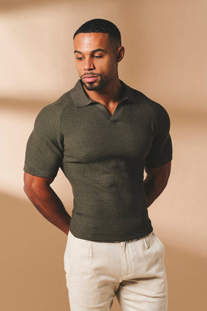 Textured Knitted Open Collar Polo Shirt in Dark Olive - TAILORED ATHLETE - USA