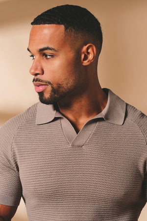 Textured Knitted Open Collar Polo Shirt in Mink - TAILORED ATHLETE - USA
