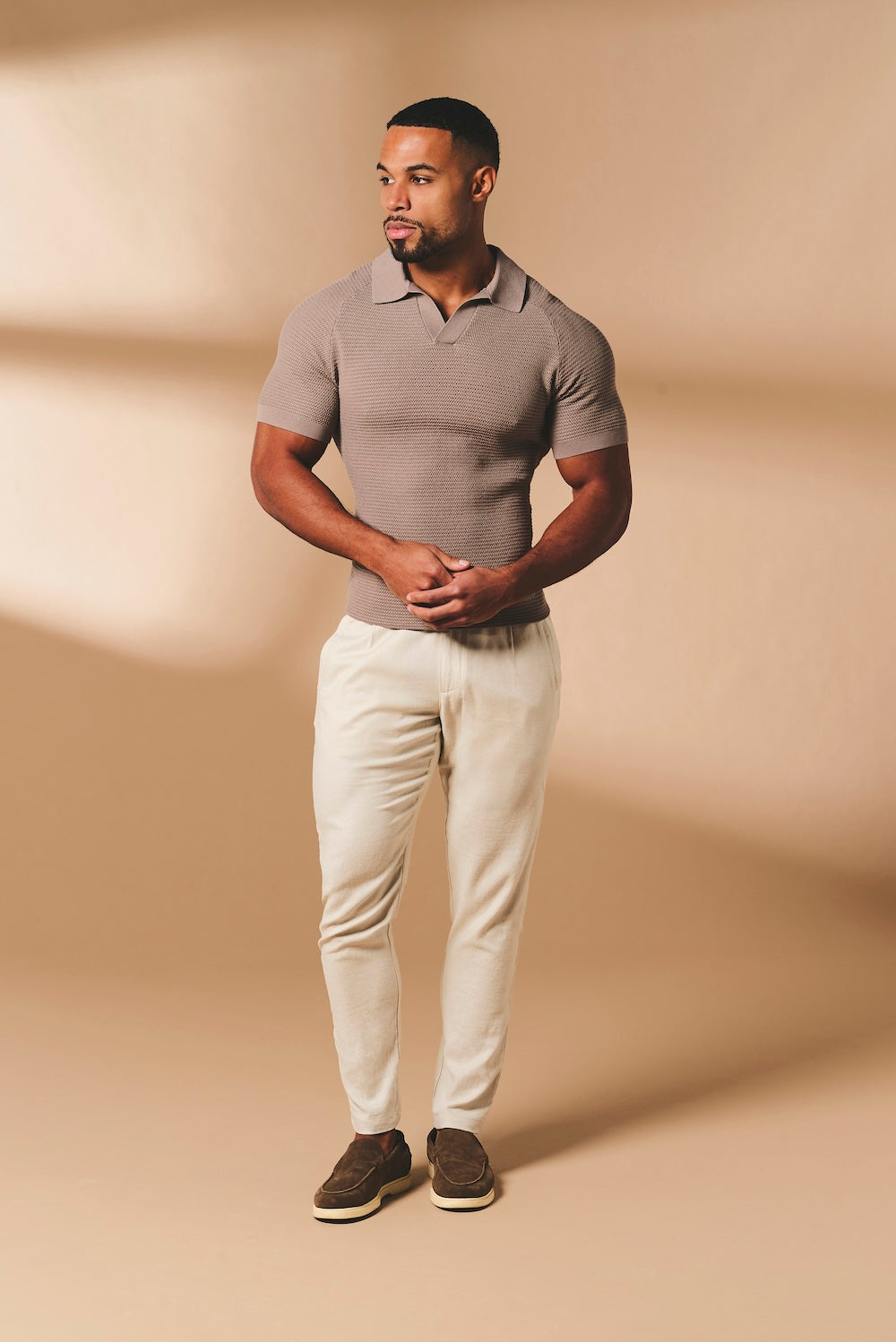 Textured Knitted Open Collar Polo Shirt in Mink - TAILORED ATHLETE - USA