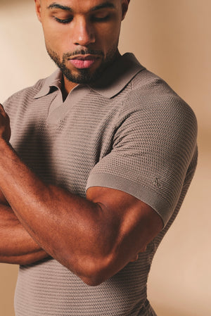 Textured Knitted Open Collar Polo Shirt in Mink - TAILORED ATHLETE - USA