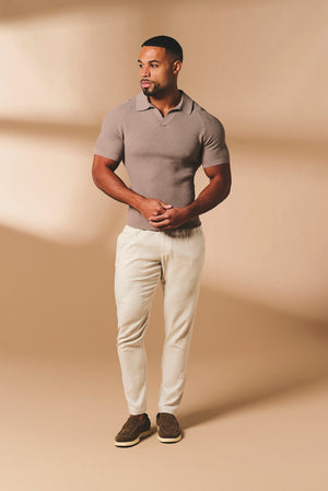 Textured Knitted Open Collar Polo Shirt in Mink - TAILORED ATHLETE - USA