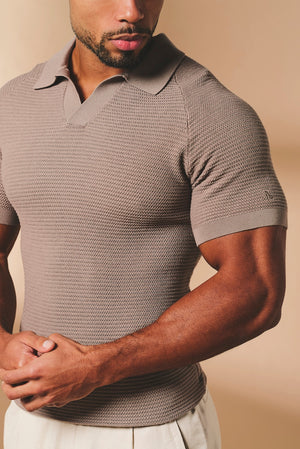 Textured Knitted Open Collar Polo Shirt in Mink - TAILORED ATHLETE - USA