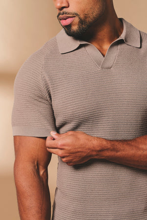 Textured Knitted Open Collar Polo Shirt in Mink - TAILORED ATHLETE - USA