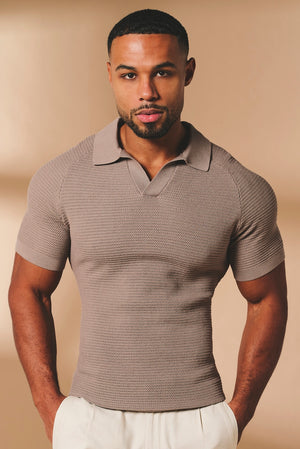 Textured Knitted Open Collar Polo Shirt in Mink - TAILORED ATHLETE - USA