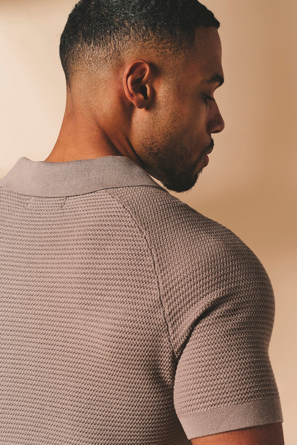 Textured Knitted Open Collar Polo Shirt in Mink - TAILORED ATHLETE - USA