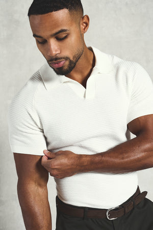 Textured Knitted Open Collar Polo Shirt in Off White - TAILORED ATHLETE - USA