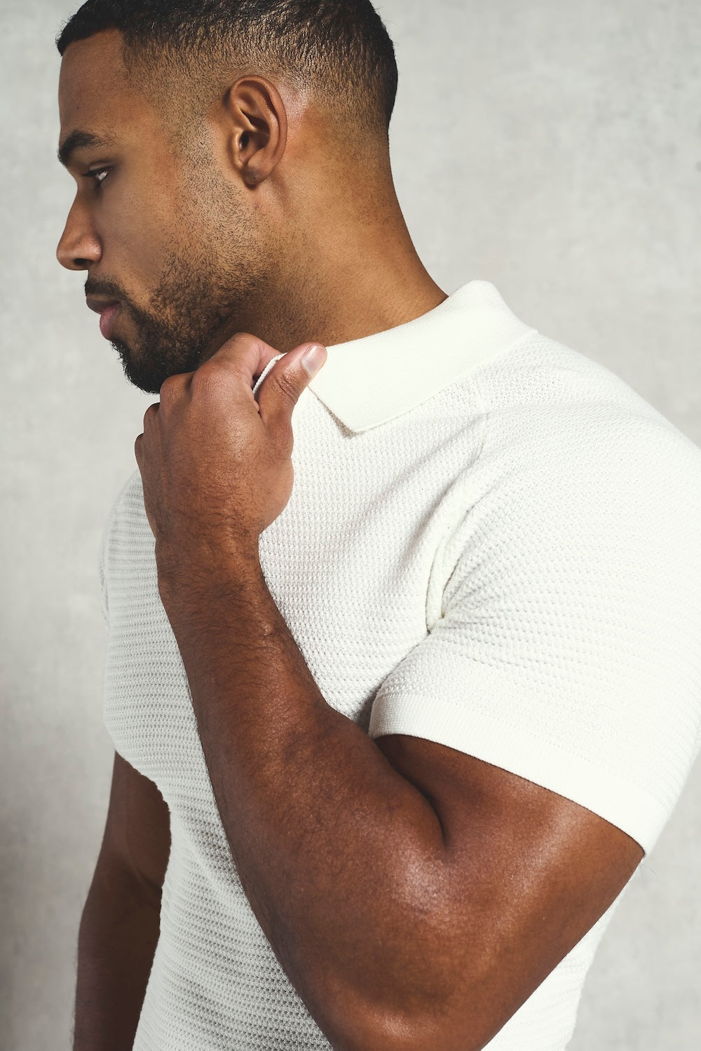 Textured Knitted Open Collar Polo Shirt in Off White - TAILORED ATHLETE - USA