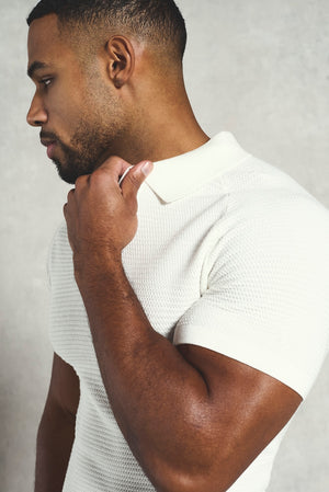 Textured Knitted Open Collar Polo Shirt in Off White - TAILORED ATHLETE - USA