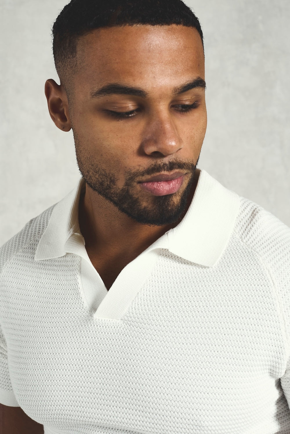 Textured Knitted Open Collar Polo Shirt in Off White - TAILORED ATHLETE - USA