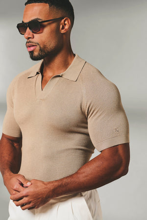 Square Textured Knitted Open Collar Polo Shirt in Stone - TAILORED ATHLETE - USA