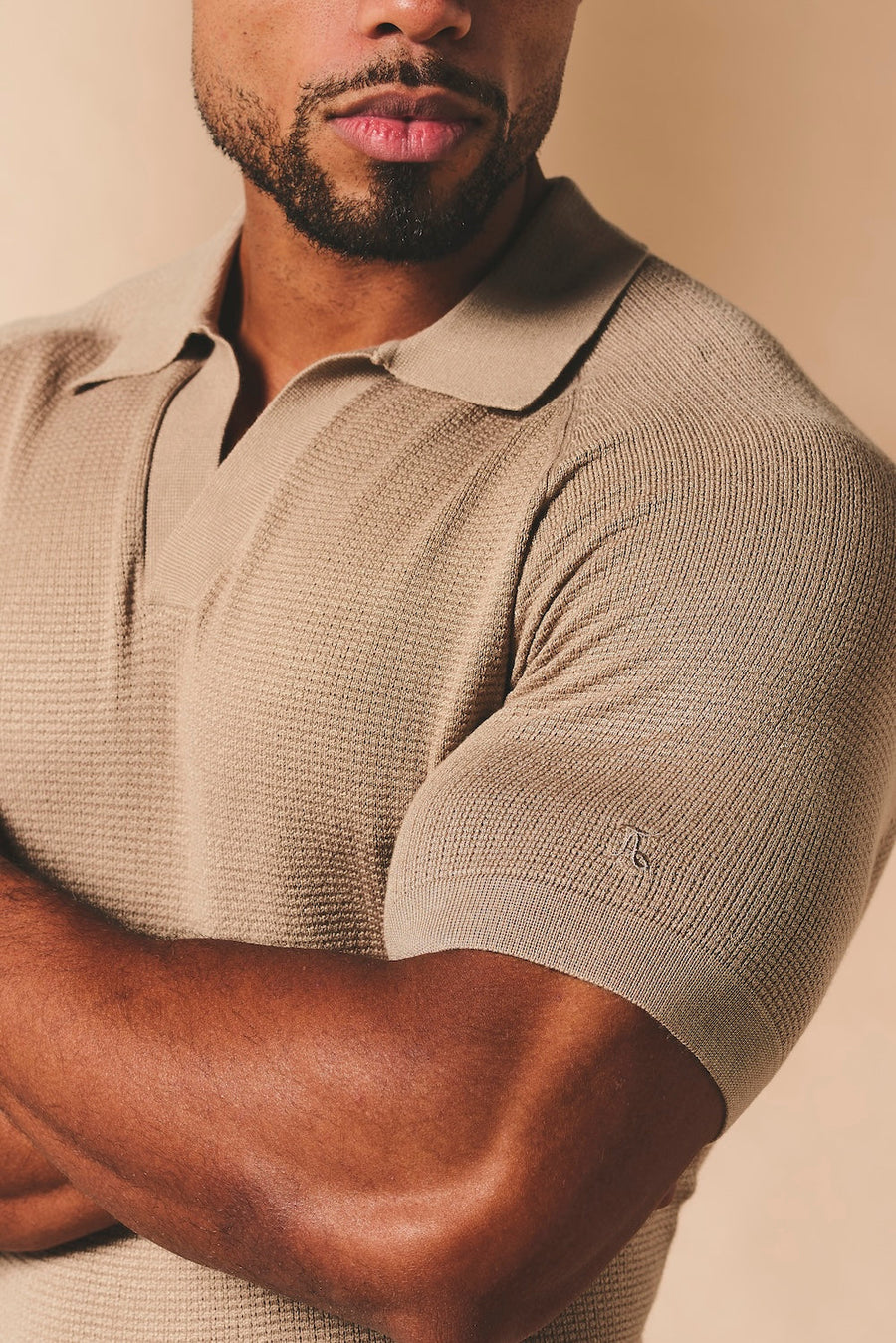 Textured Knitted Open Collar Polo Shirt in Stone - TAILORED ATHLETE - USA