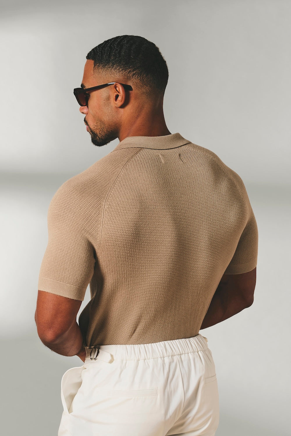 Square Textured Knitted Open Collar Polo Shirt in Stone - TAILORED ATHLETE - USA