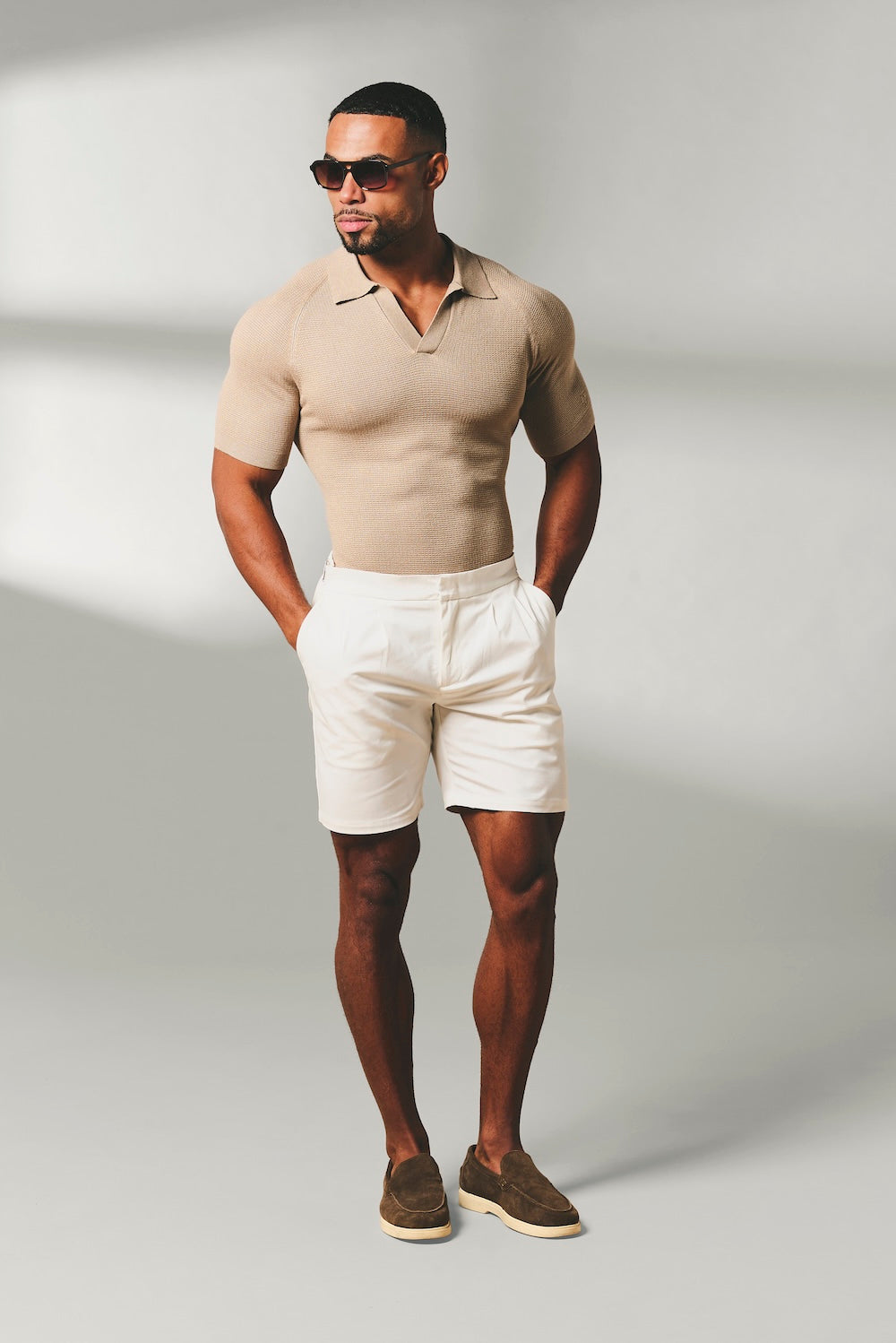 Square Textured Knitted Open Collar Polo Shirt in Stone - TAILORED ATHLETE - USA