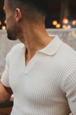 Fine Cable Knitted Open Collar Polo Shirt in Ecru - TAILORED ATHLETE - USA