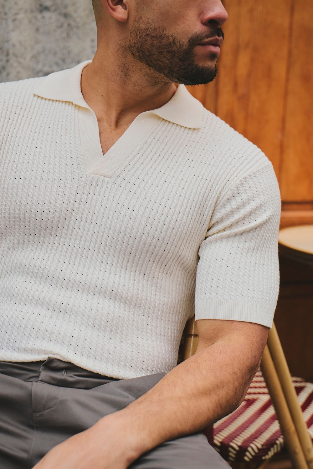 Fine Cable Knitted Open Collar Polo Shirt in Ecru - TAILORED ATHLETE - USA