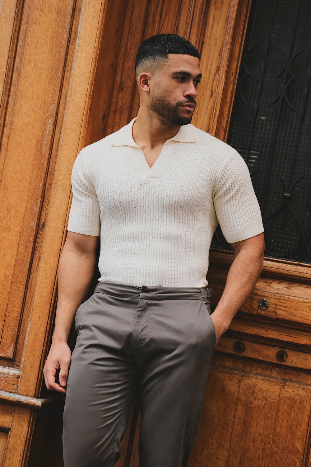 Fine Cable Knitted Open Collar Polo Shirt in Ecru - TAILORED ATHLETE - USA