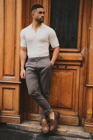 Fine Cable Knitted Open Collar Polo Shirt in Ecru - TAILORED ATHLETE - USA