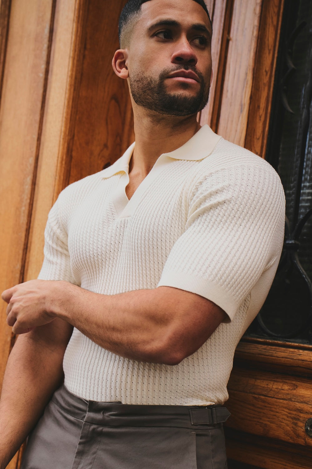 Fine Cable Knitted Open Collar Polo Shirt in Ecru - TAILORED ATHLETE - USA