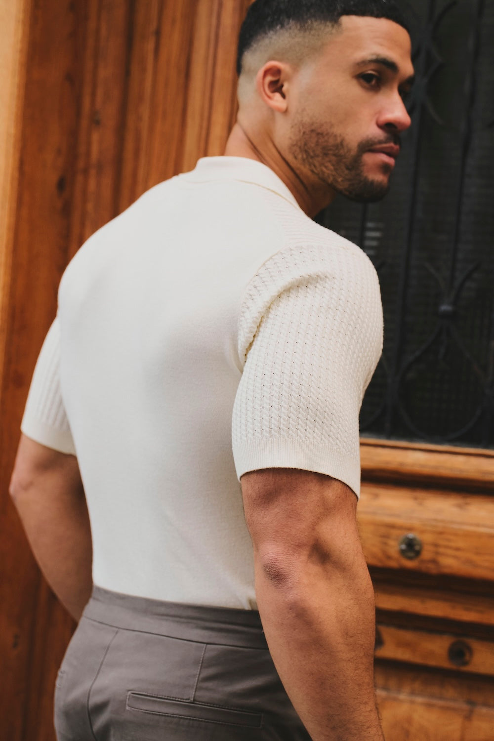 Fine Cable Knitted Open Collar Polo Shirt in Ecru - TAILORED ATHLETE - USA