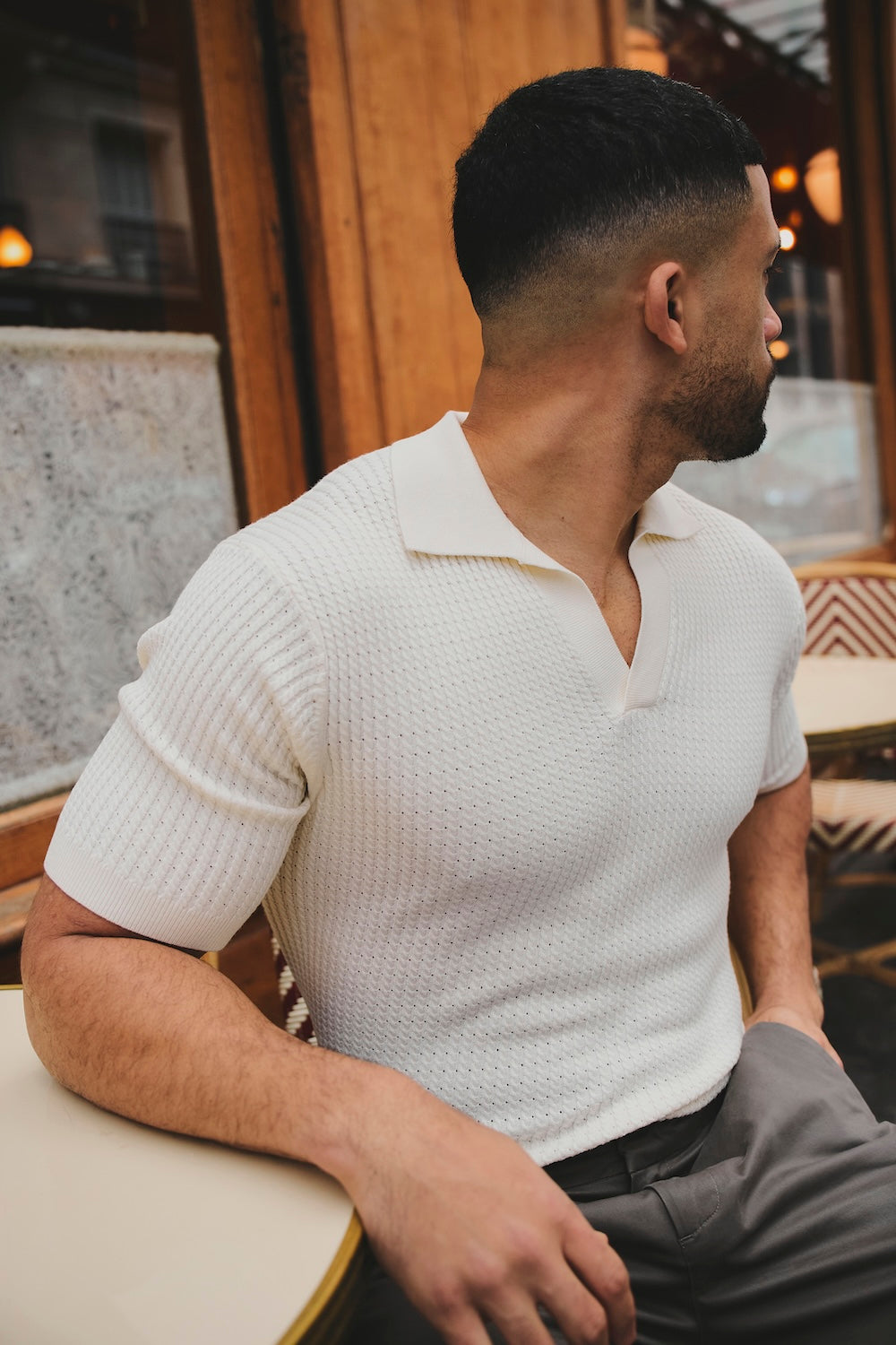 Fine Cable Knitted Open Collar Polo Shirt in Ecru - TAILORED ATHLETE - USA