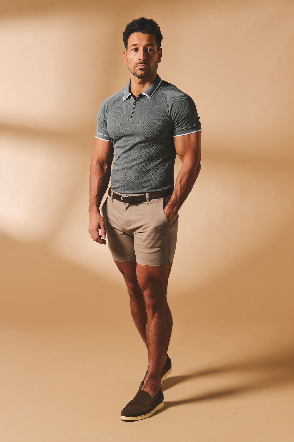 Textured Zip Neck Polo Shirt in Graphite and White Tipping - TAILORED ATHLETE - USA