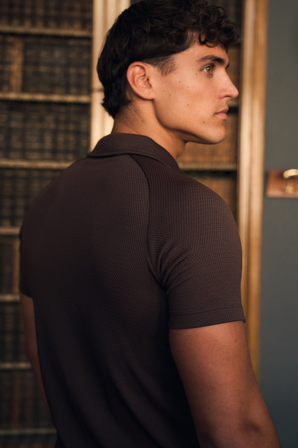 Textured Zip Neck Polo Shirt in Chocolate