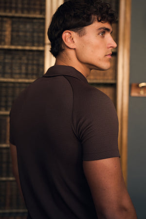Textured Zip Neck Polo Shirt in Chocolate