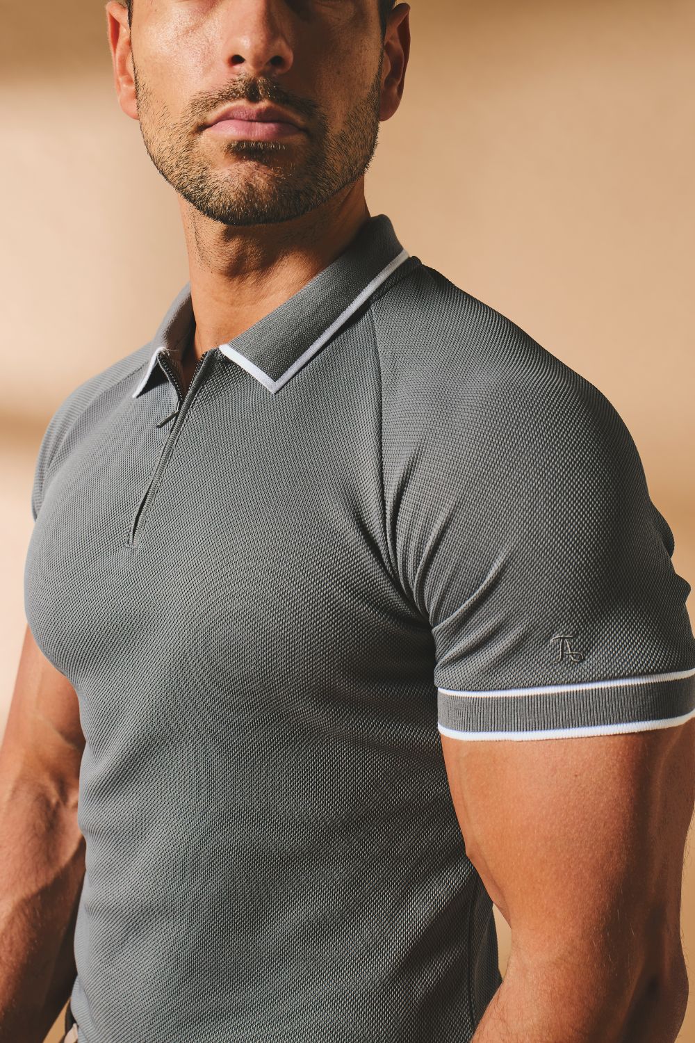 Textured Zip Neck Polo Shirt in Graphite and White Tipping - TAILORED ATHLETE - USA