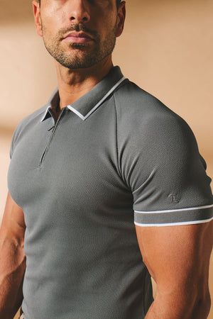 Textured Zip Neck Polo Shirt in Graphite and White Tipping - TAILORED ATHLETE - USA