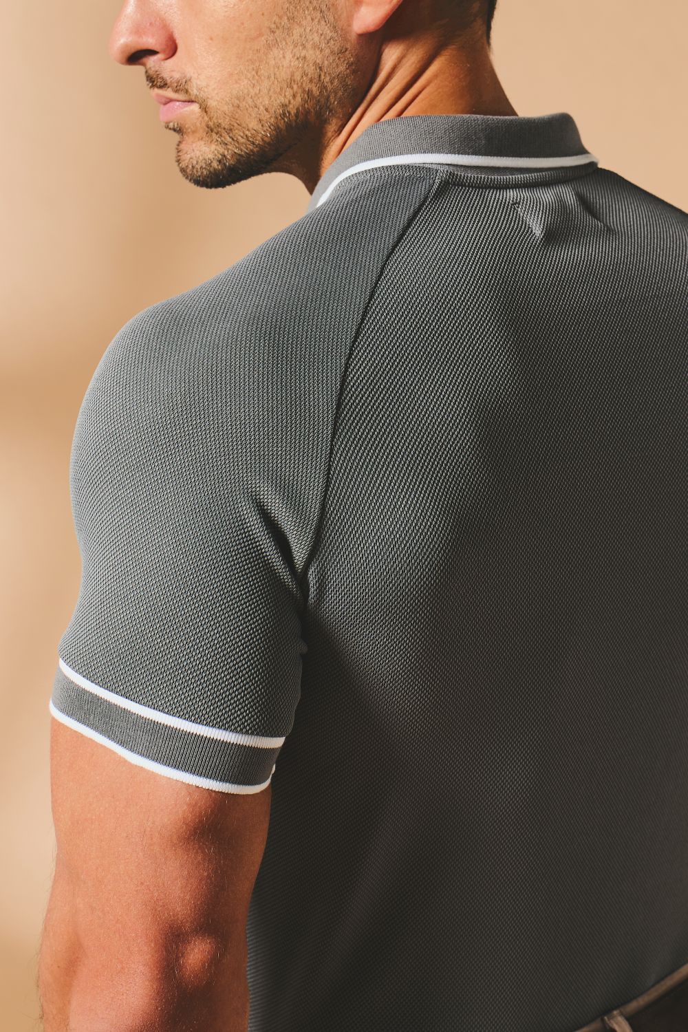 Textured Zip Neck Polo Shirt in Graphite and White Tipping - TAILORED ATHLETE - USA