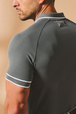 Textured Zip Neck Polo Shirt in Graphite and White Tipping - TAILORED ATHLETE - USA