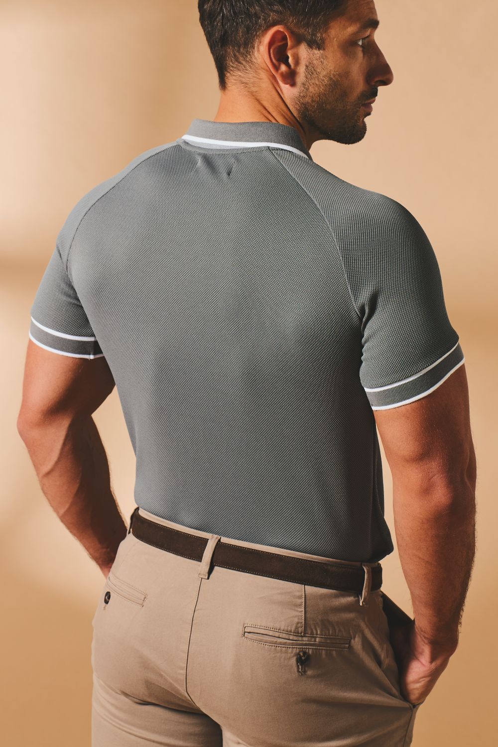 Textured Zip Neck Polo Shirt in Graphite and White Tipping - TAILORED ATHLETE - USA