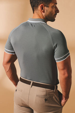 Textured Zip Neck Polo Shirt in Graphite and White Tipping - TAILORED ATHLETE - USA