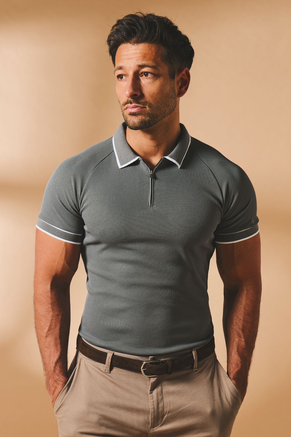 Textured Zip Neck Polo Shirt in Graphite and White Tipping - TAILORED ATHLETE - USA