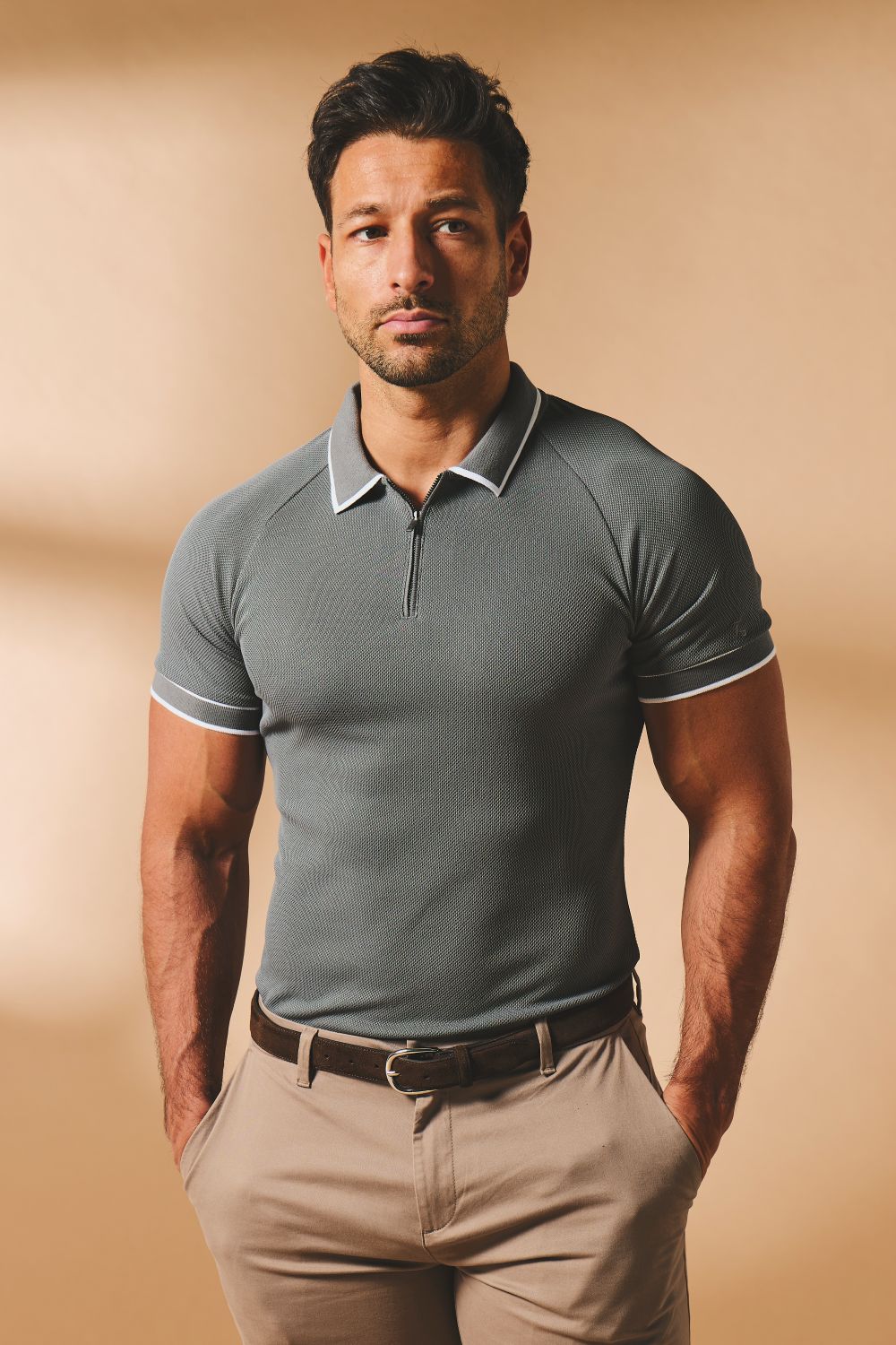 Textured Zip Neck Polo Shirt in Graphite and White Tipping - TAILORED ATHLETE - USA
