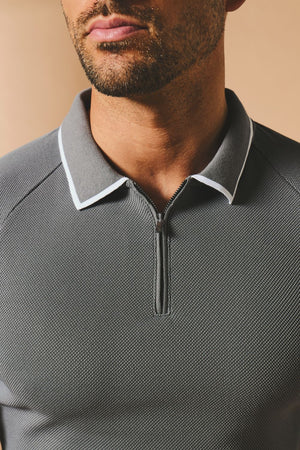 Textured Zip Neck Polo Shirt in Graphite and White Tipping - TAILORED ATHLETE - USA