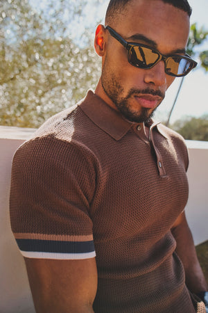 Colour Block Tipped Crochet Knit Polo Shirt in Chocolate - TAILORED ATHLETE - USA