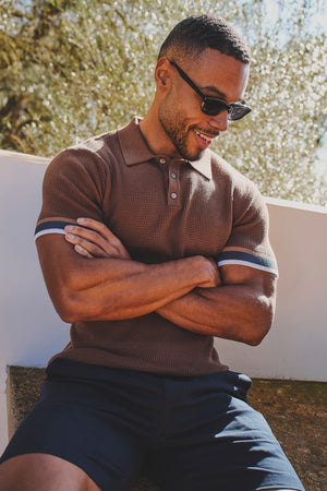 Colour Block Tipped Crochet Knit Polo Shirt in Chocolate - TAILORED ATHLETE - USA