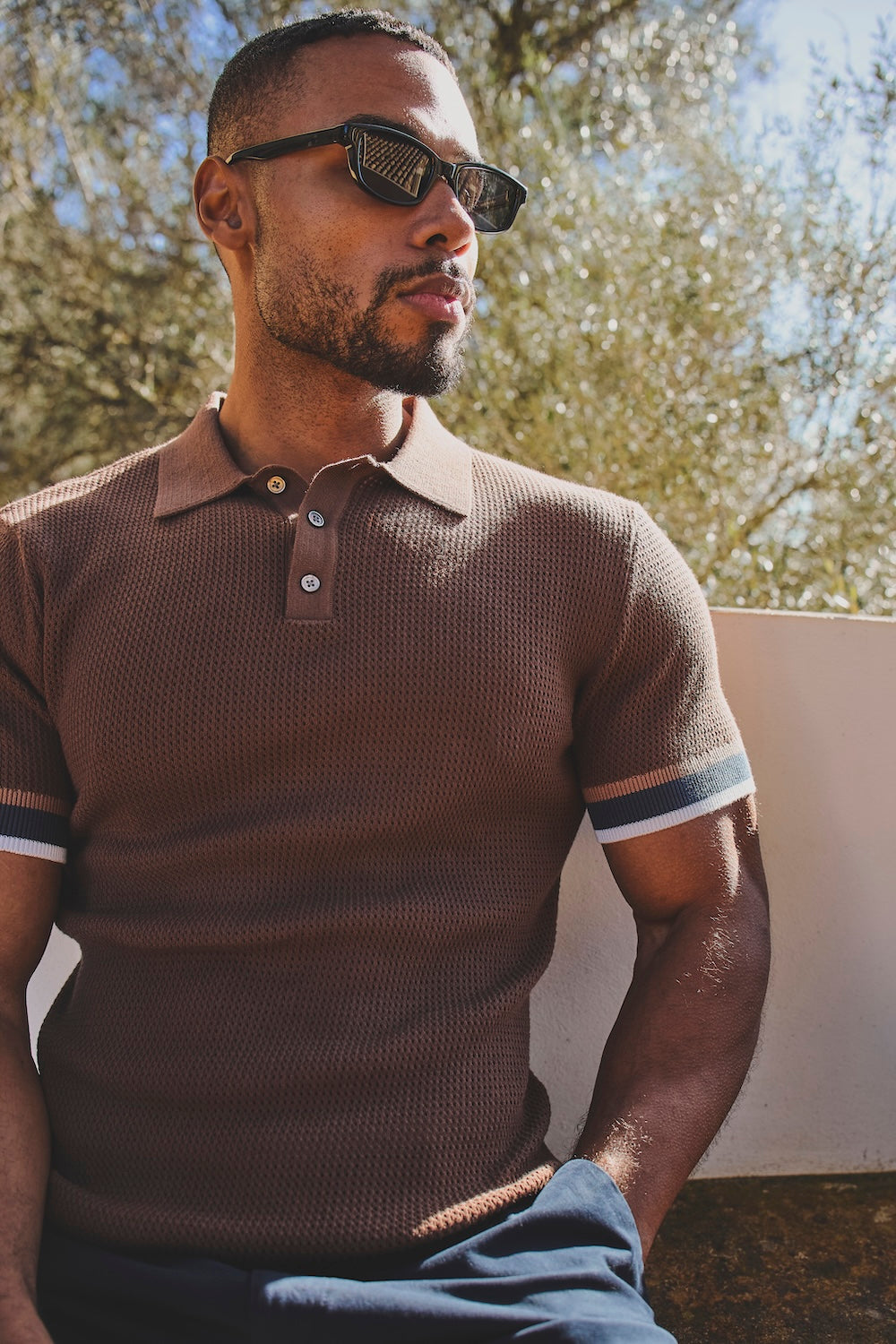 Colour Block Tipped Crochet Knit Polo Shirt in Chocolate - TAILORED ATHLETE - USA