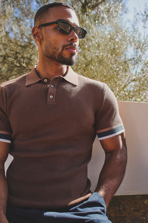 Colour Block Tipped Crochet Knit Polo Shirt in Chocolate - TAILORED ATHLETE - USA