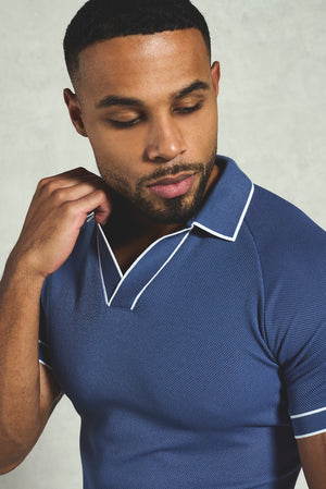 Tipped Textured Open Collar Polo Shirt in Airforce and White - TAILORED ATHLETE - USA
