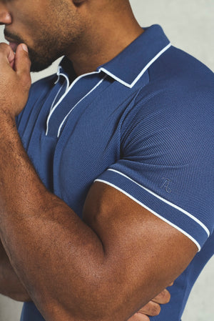 Tipped Textured Open Collar Polo Shirt in Airforce and White - TAILORED ATHLETE - USA