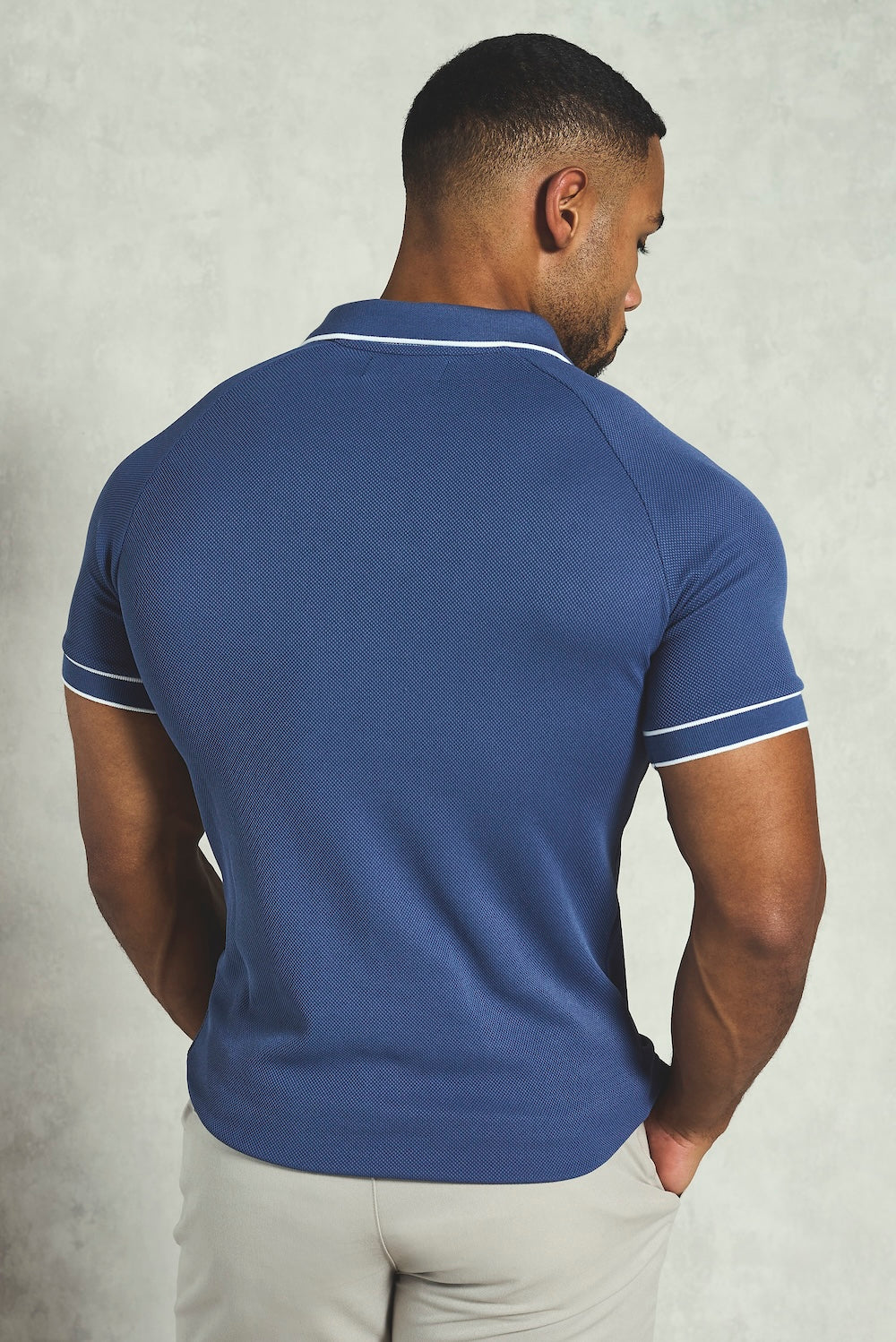 Tipped Textured Open Collar Polo Shirt in Airforce and White - TAILORED ATHLETE - USA