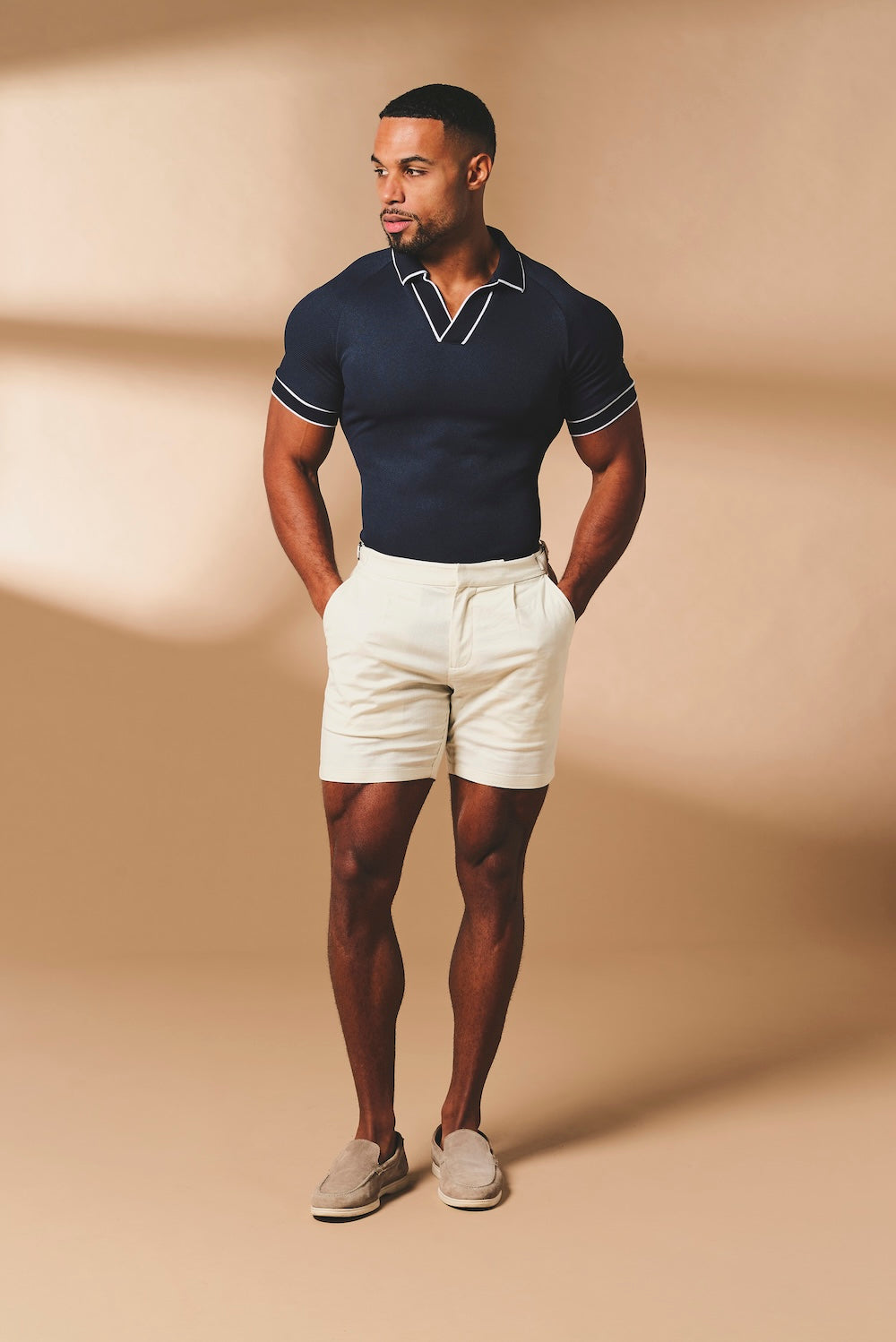 Tipped Textured Open Collar Polo Shirt in Navy and White - TAILORED ATHLETE - USA