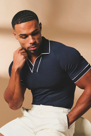 Tipped Textured Open Collar Polo Shirt in Navy and White - TAILORED ATHLETE - USA