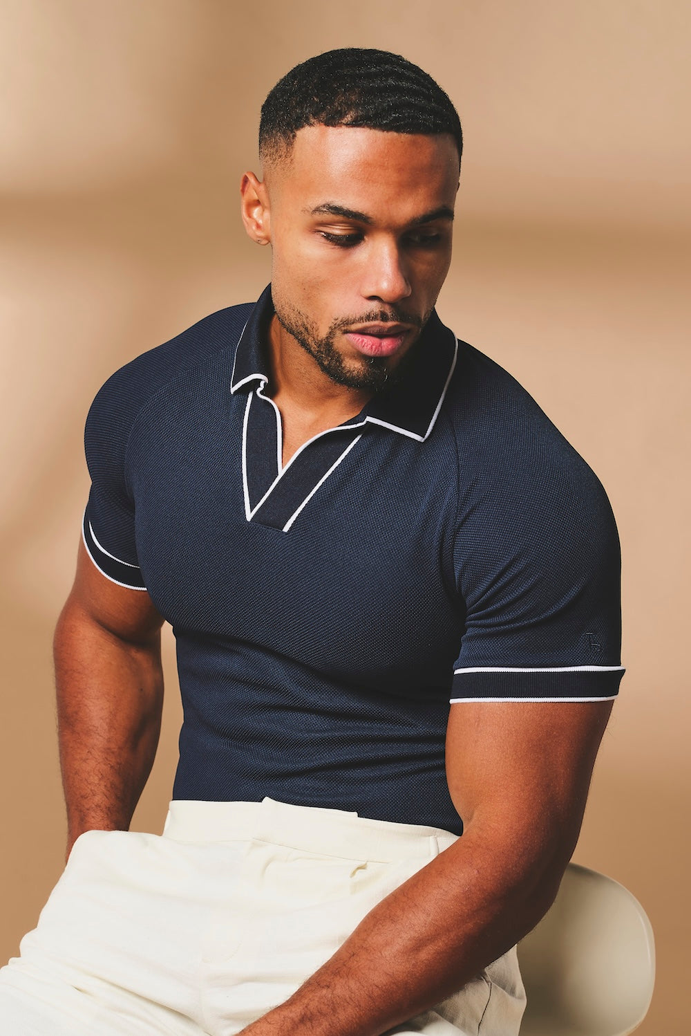 Tipped Textured Open Collar Polo Shirt in Navy and White - TAILORED ATHLETE - USA