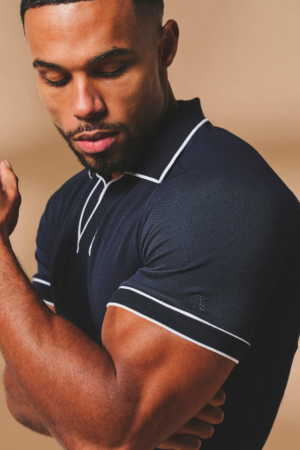 Tipped Textured Open Collar Polo Shirt in Navy and White - TAILORED ATHLETE - USA