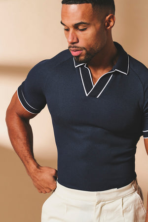 Tipped Textured Open Collar Polo Shirt in Navy and White - TAILORED ATHLETE - USA